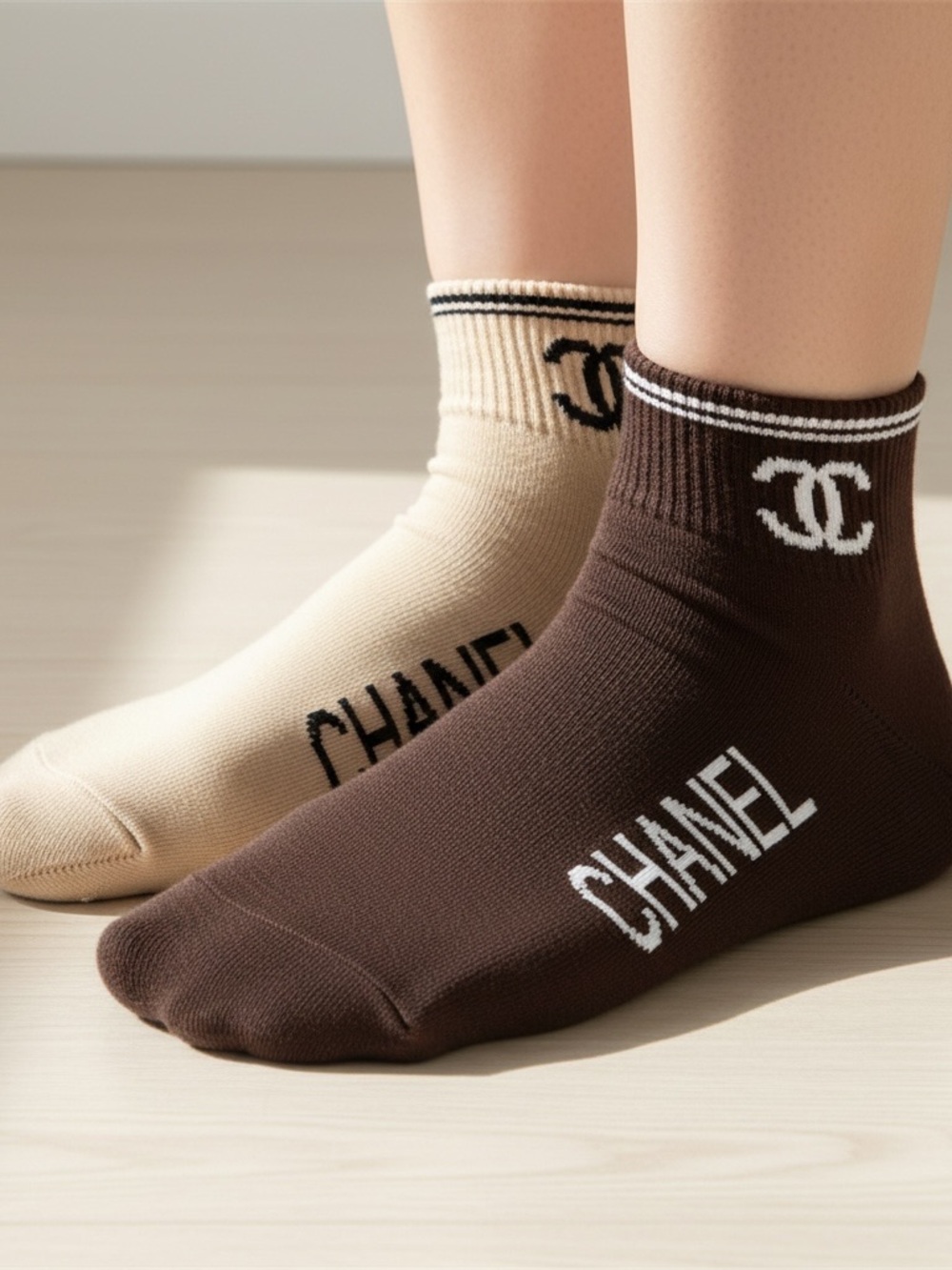 Designer Logo Ankle Socks Brown, Cream 2 pairs small-medium size New